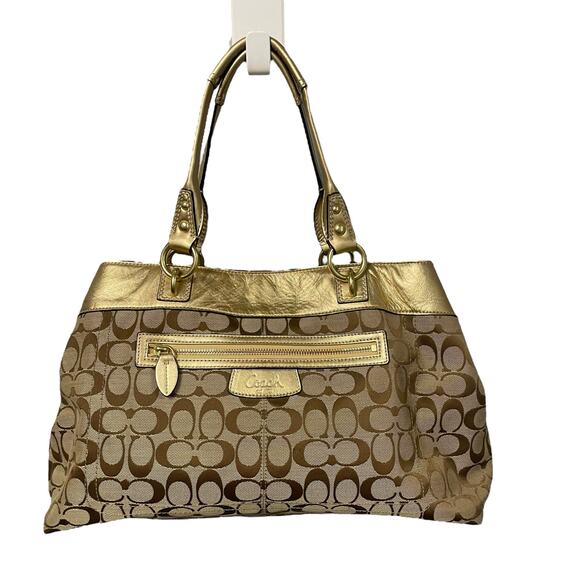 Coach Signature Logo Print Beige Brown Penelope Satchel with Gold Leather Trim - Picture 1 of 9
